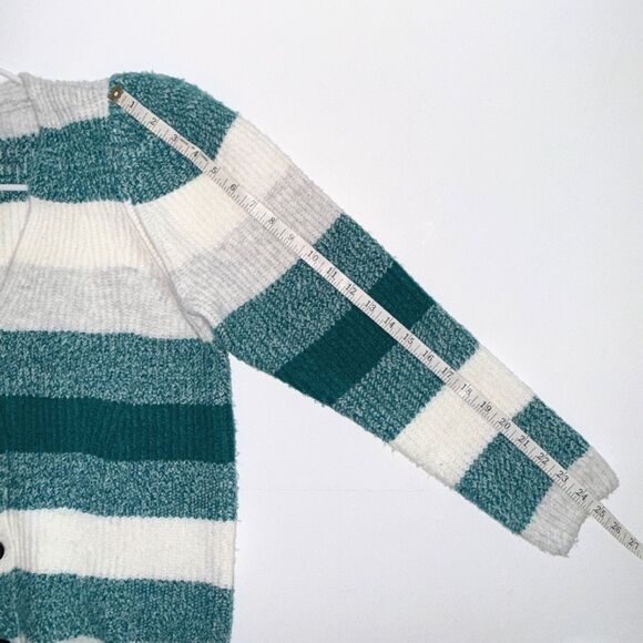 Vince Camuto Puff Sleeve Cardigan Button Front Knit Teal Grey Cream Striped L - Picture 8 of 10